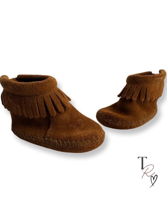 Minnetonka Other - Minnetonka Back Strap Baby Fringe Bootie Brown Suede Moccasin Infant Size 1